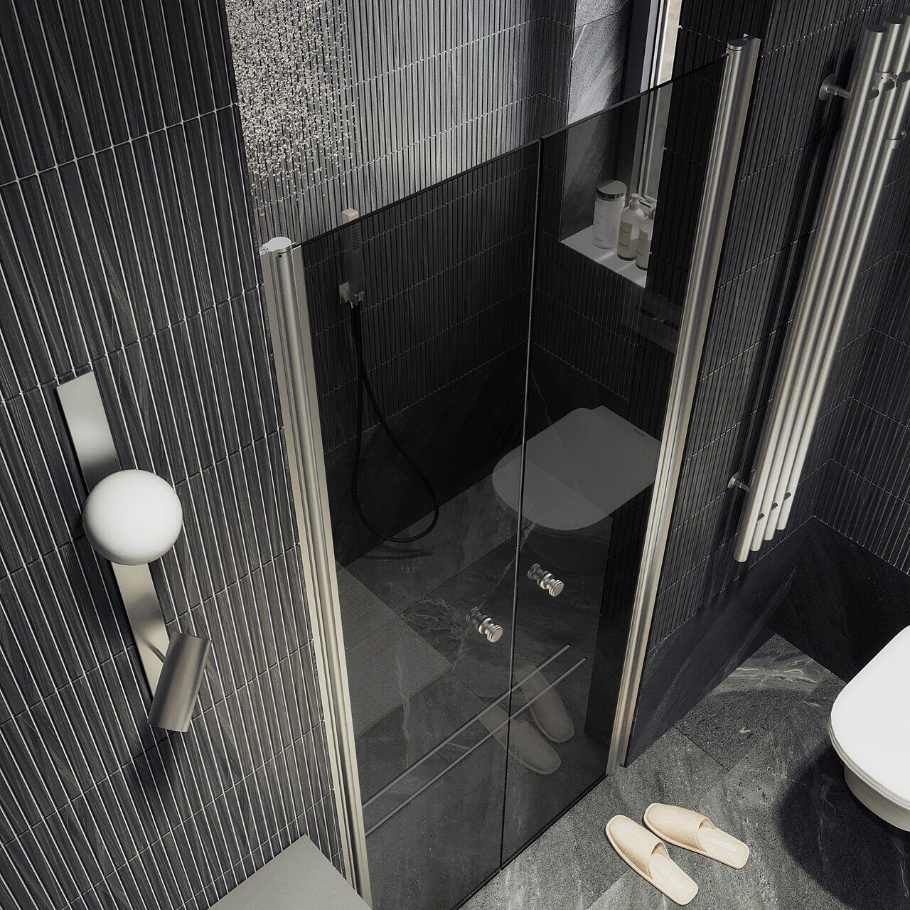 Душевая дверь двустворчатая на монопетлях Maybahglass (Майбахгласс) 1980х1200 мм, стекло 6 мм Графит MGD-430-5