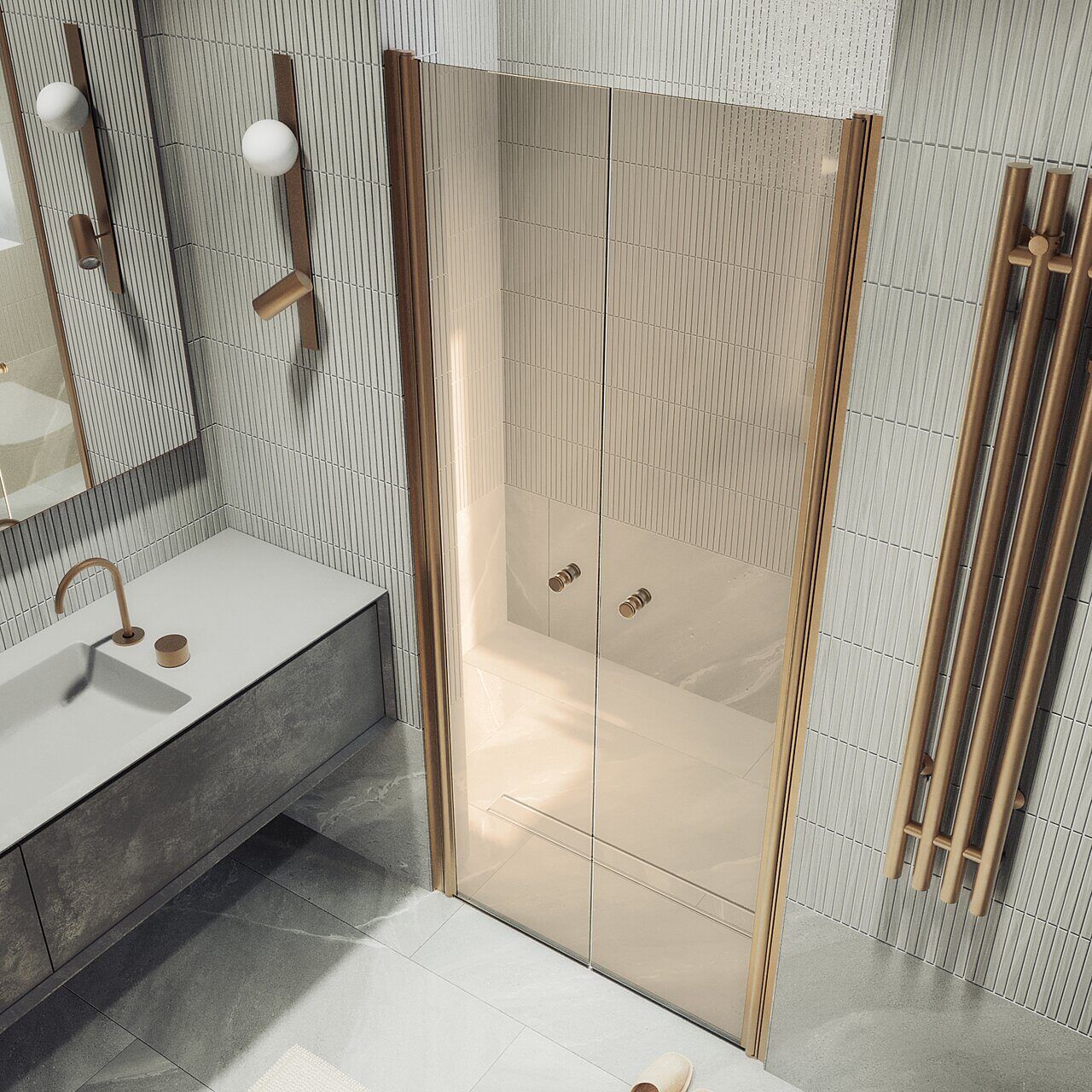 Душевая дверь двустворчатая на монопетлях Maybahglass (Майбахгласс) 1980х800 мм, стекло 6 мм Бронза MGD-434-2