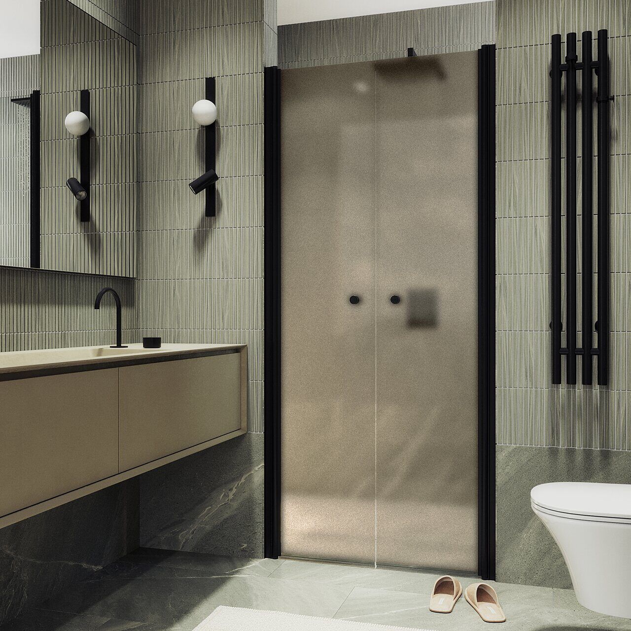 Душевая дверь двустворчатая на монопетлях Maybahglass (Майбахгласс) 1980х800 мм, стекло 6 мм Бронза матовая MGD-433-6