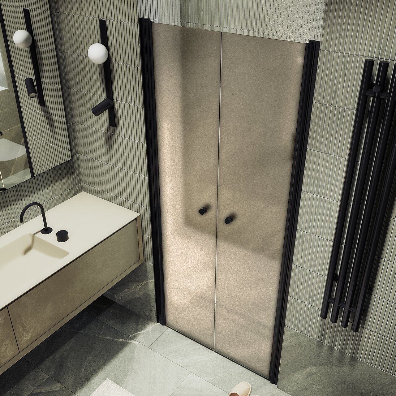 Душевая дверь двустворчатая на монопетлях Maybahglass (Майбахгласс) 1980х800 мм, стекло 6 мм Бронза матовая MGD-433-6