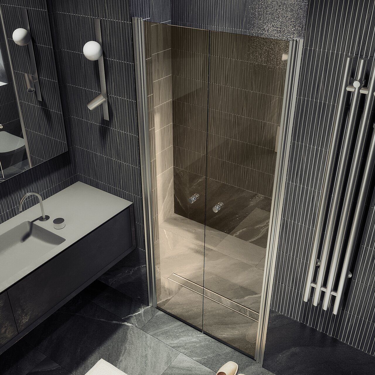 Душевая дверь двустворчатая на монопетлях Maybahglass (Майбахгласс) 1980х890 мм, стекло 6 мм Бронза MGD-438-5