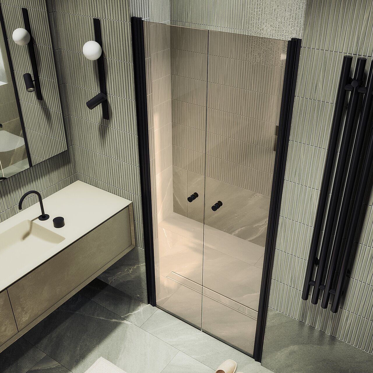 Душевая дверь двустворчатая на монопетлях Maybahglass (Майбахгласс) 1980х890 мм, стекло 6 мм Бронза MGD-438-6