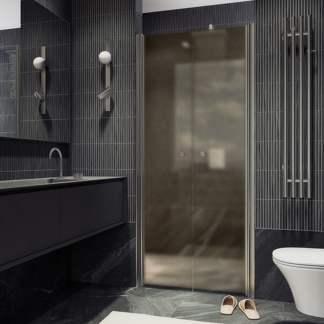 Душевая дверь двустворчатая на монопетлях Maybahglass (Майбахгласс) 1980х990 мм, стекло 6 мм Бронза матовая MGD-442-5