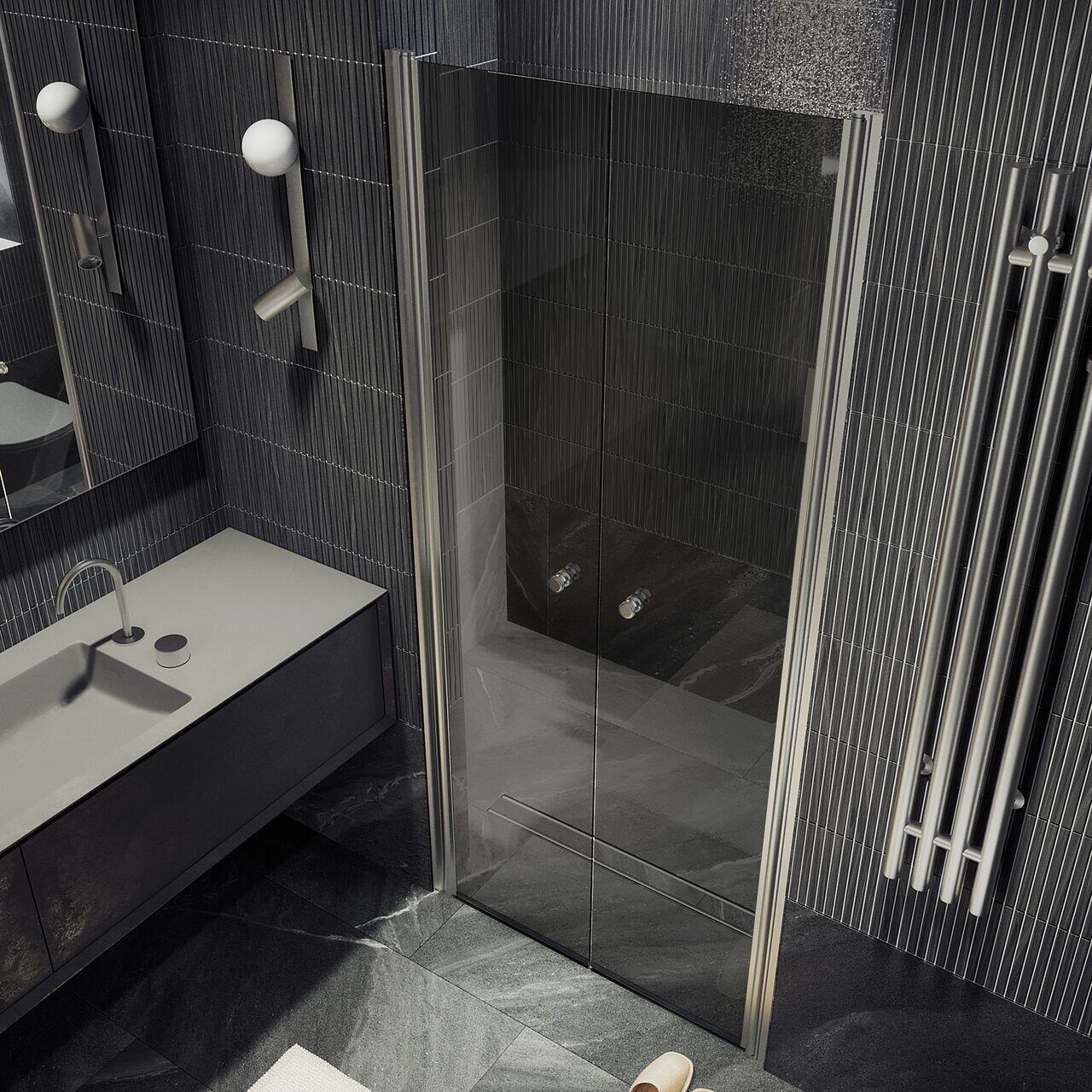 Душевая дверь двустворчатая на монопетлях Maybahglass (Майбахгласс) 1980х990 мм, стекло 6 мм Графит MGD-443-5