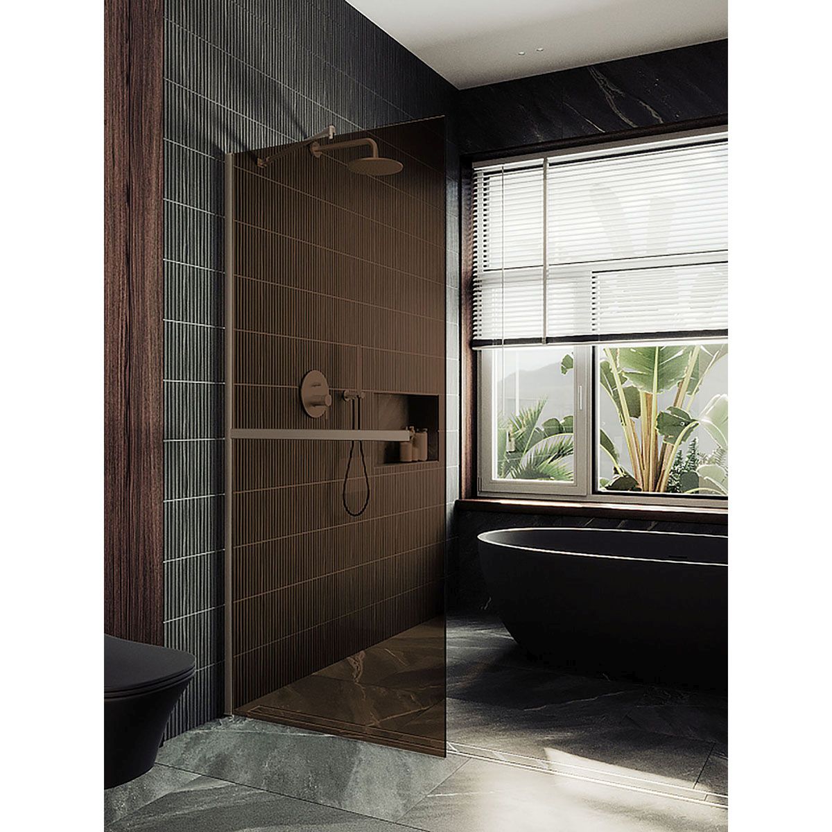 Душевая перегородка в профиле Maybahglass (Майбахгласс) 1950х1190 мм, стекло 8 мм Бронза, полотенцедержатель MGD-715-2ш