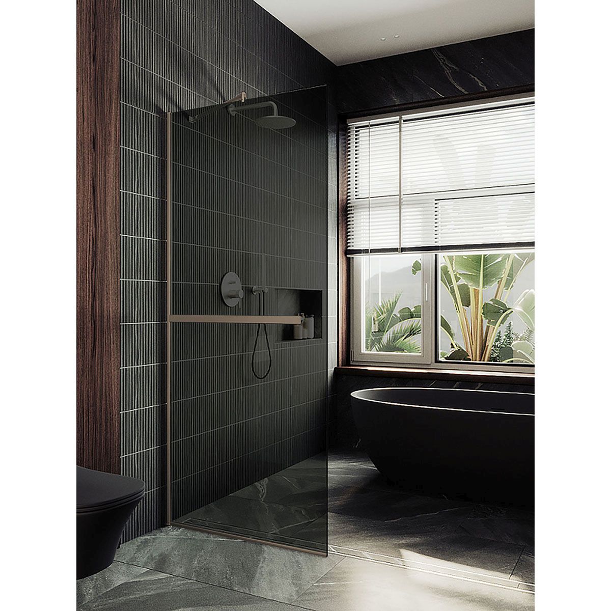 Душевая перегородка в профиле Maybahglass (Майбахгласс) 1950х1190 мм, стекло 8 мм Графит, полотенцедержатель MGD-717-2у