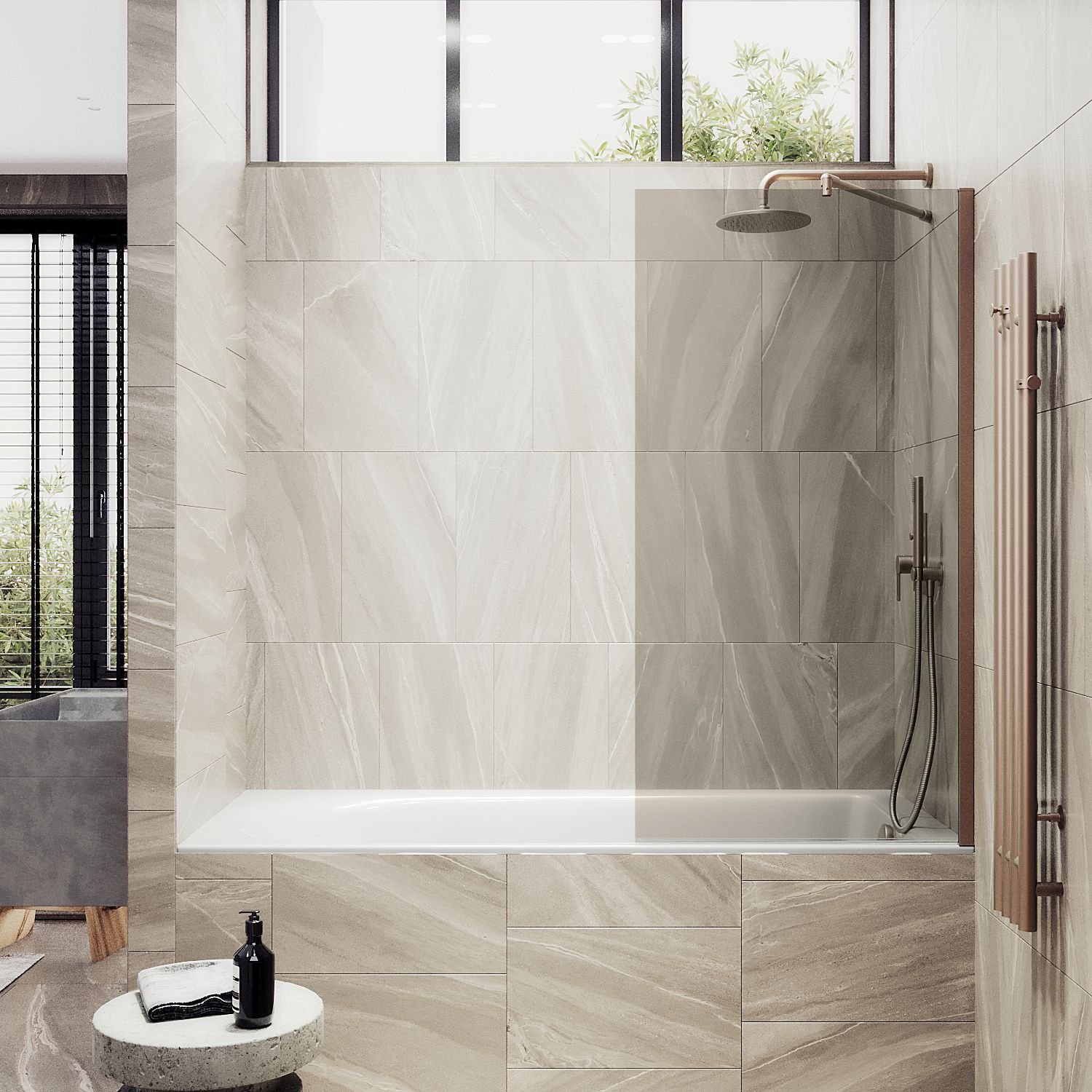 Шторка для ванны Maybahglass (Майбахгласс) в широком профиле 1400х300 мм, стекло Бронза , профиль Бронза MGV-250-2ш