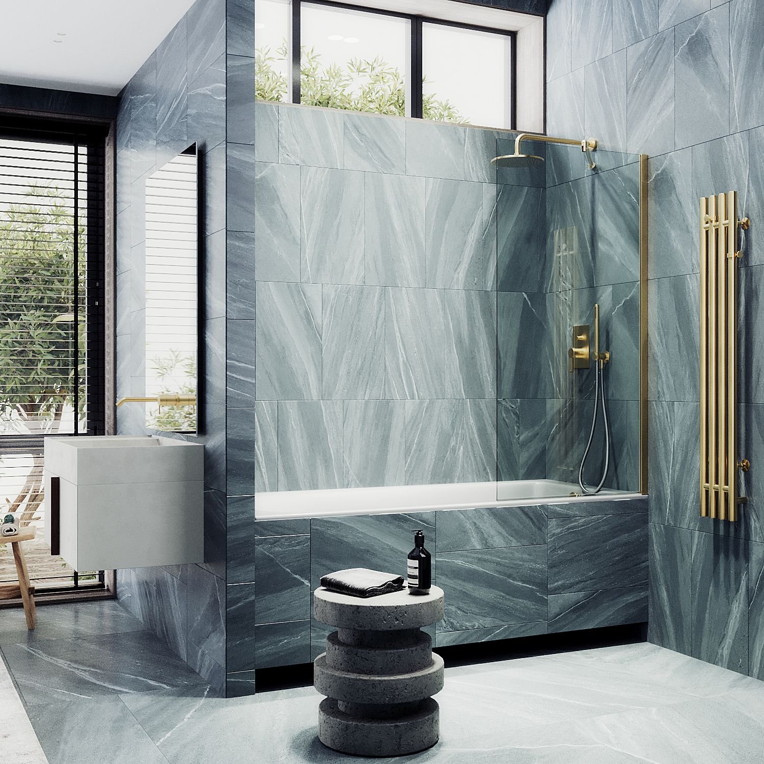 Шторка для ванны Maybahglass (Майбахгласс) в широком профиле 1400х300 мм, стекло Бесцветное , профиль Золото MGV-248-3ш