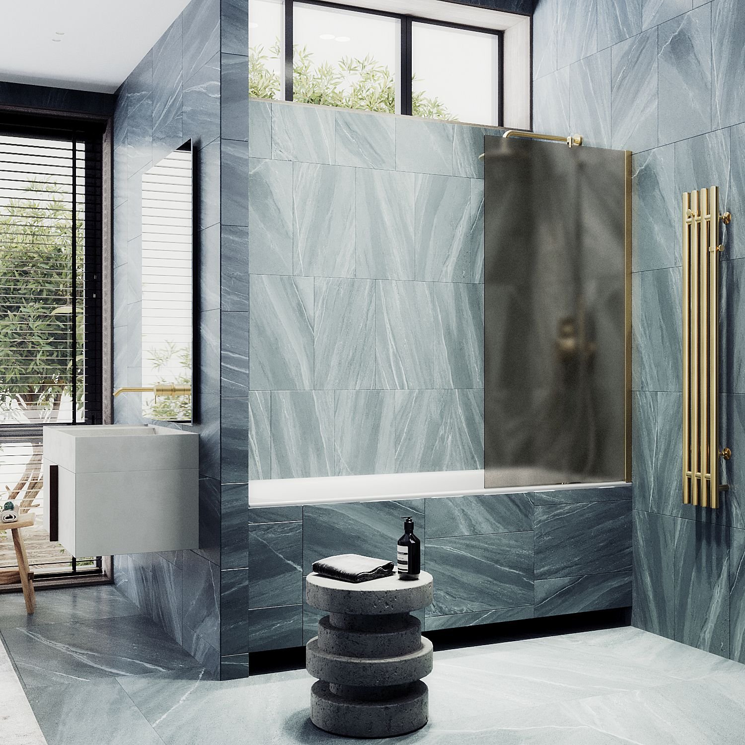 Шторка для ванны Maybahglass (Майбахгласс) в широком профиле 1400х500 мм, стекло Бронза матовая , профиль Золото MGV-73-3ш