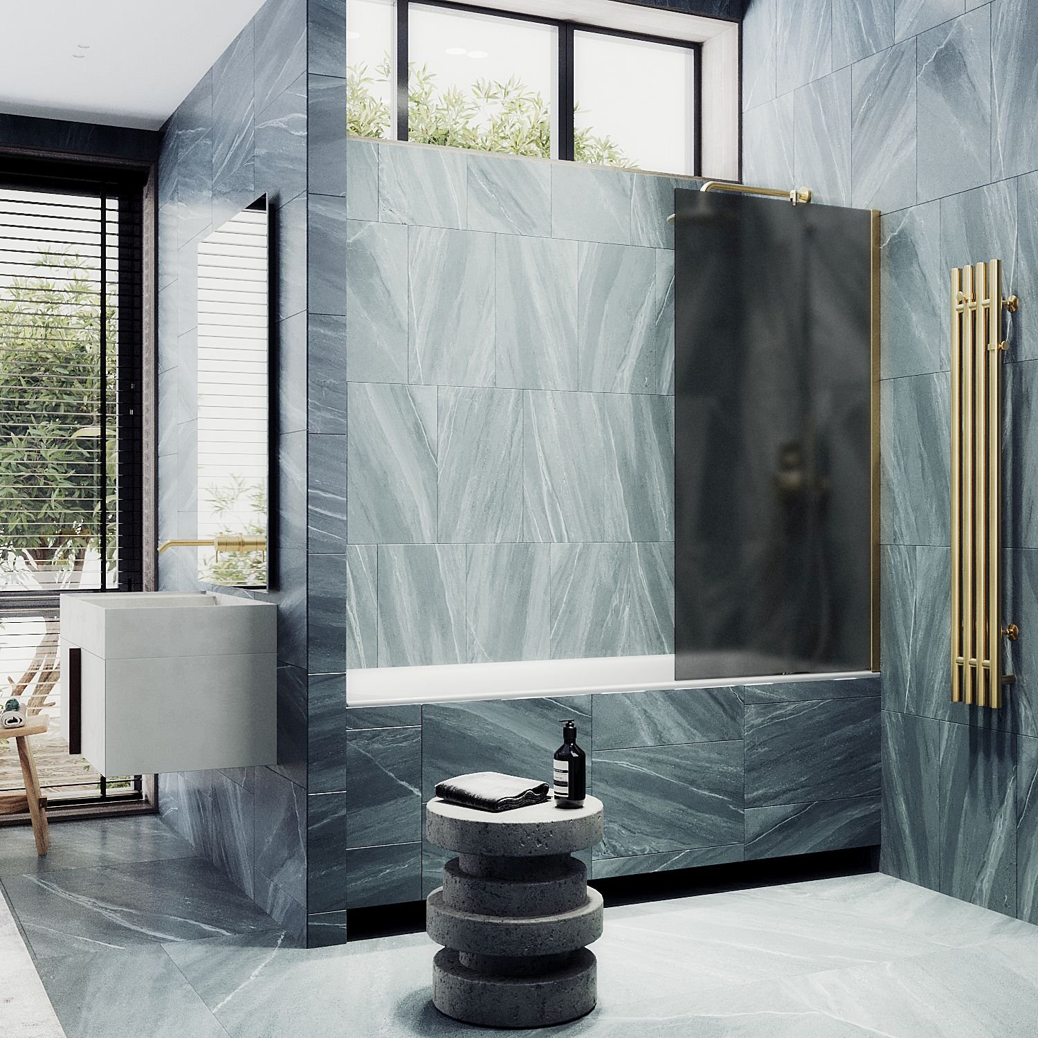 Шторка для ванны Maybahglass (Майбахгласс) в широком профиле 1400х900 мм, стекло Графит матовый , профиль Золото MGV-89-3ш