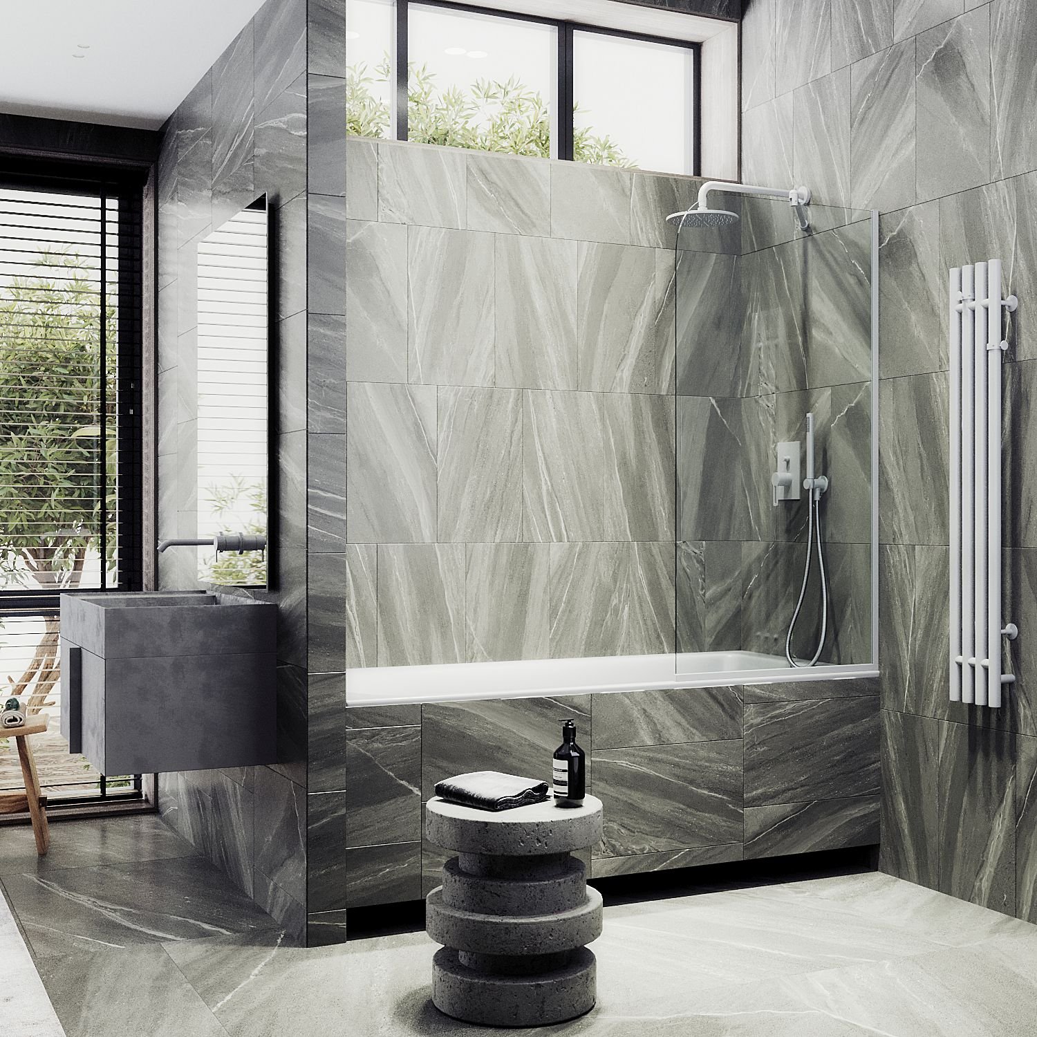 Шторка для ванны в узком профиле Maybahglass (Майбахгласс) 1400х340 мм, стекло Бесцветное , профиль Белый MGV-131-1у