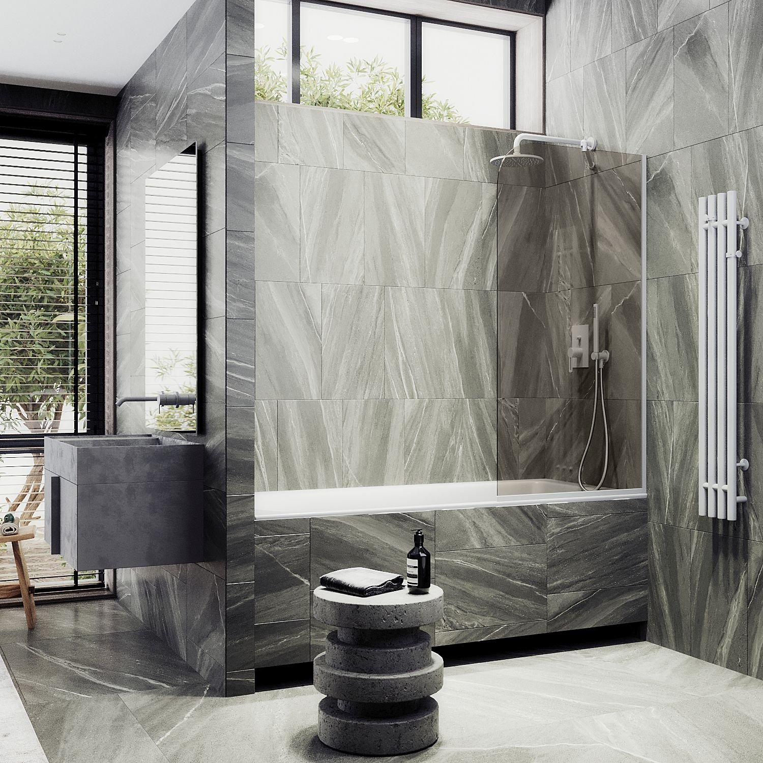 Шторка для ванны в узком профиле Maybahglass (Майбахгласс) 1400х440 мм, стекло Бронза , профиль Белый MGV-135-1у