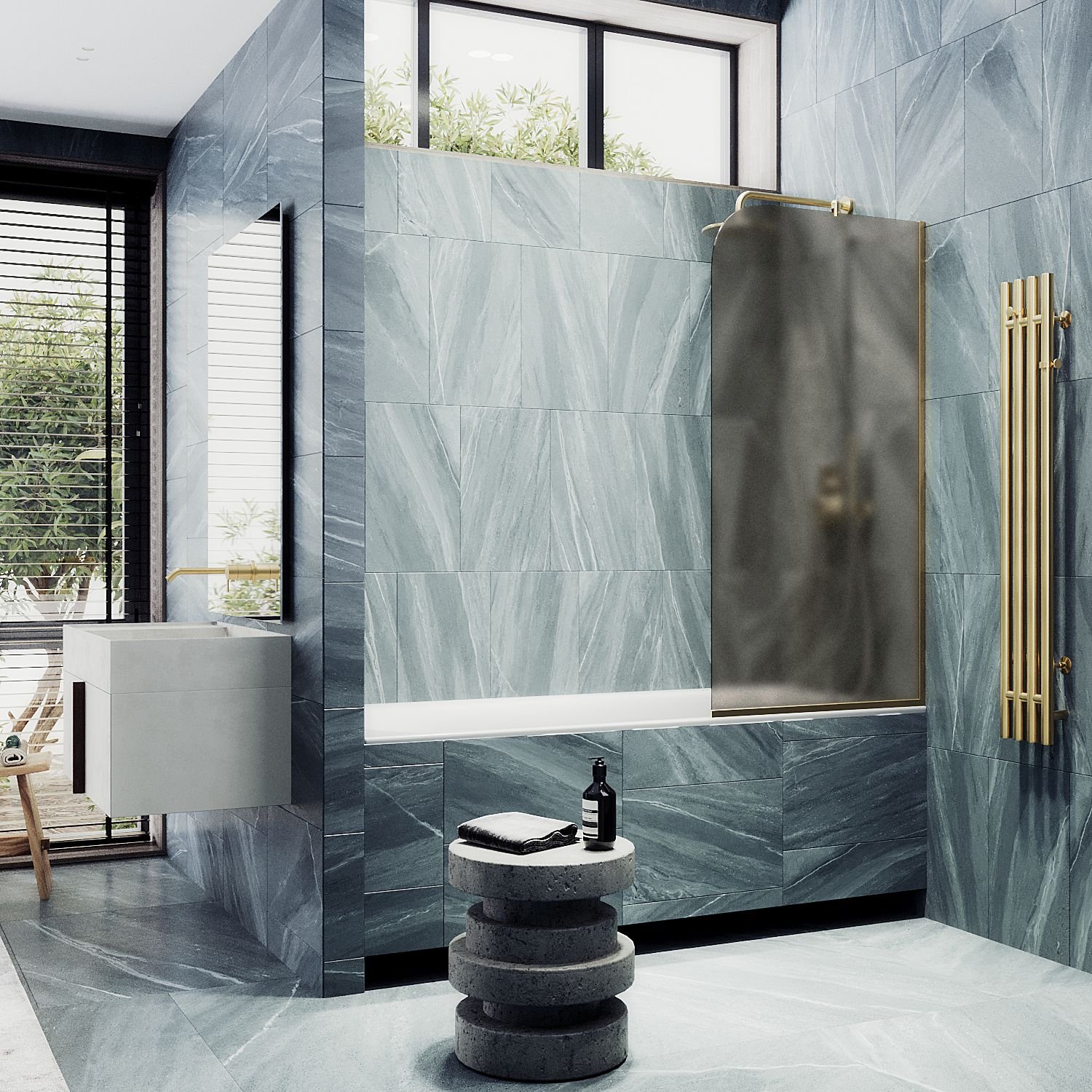 Шторка для ванны в узком профиле Maybahglass (Майбахгласс) 1400х740 мм, стекло Бронза матовая , профиль Золото MGV-150-3у