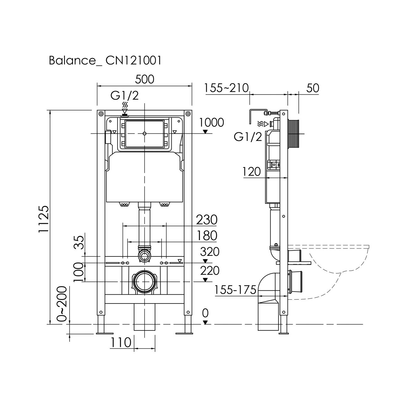 Система инсталляции для унитазов Ceramicanova (Керамиканова) Balance с кнопкой смыва Circle, цвет черный матовый, и креплениями, арт.CN121001MB