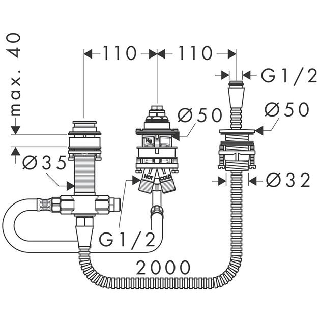 Скрытая часть смесителя Axor (Аксор) на 3 отверстия на край ванны 13439180