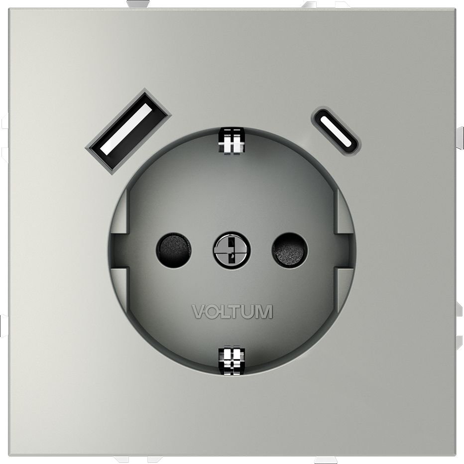 Розетка встраиваемая Voltum (Вольтум) S70 с заземлением и защитными шторками, 16А, с USB, A+С, (сталь) VLS040505