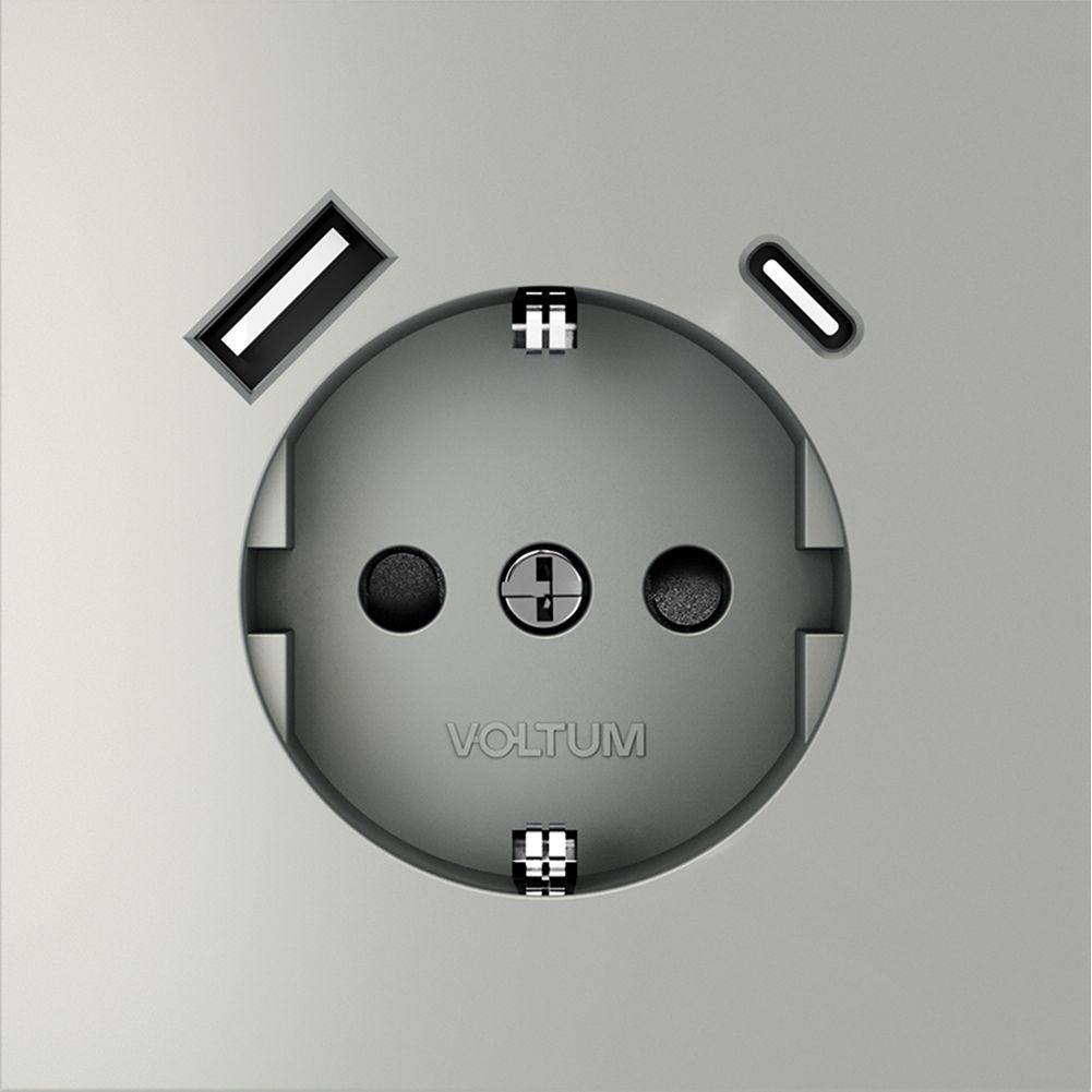 Розетка встраиваемая Voltum (Вольтум) S70 с заземлением и защитными шторками, 16А, с USB, A+С, (сталь) VLS040505