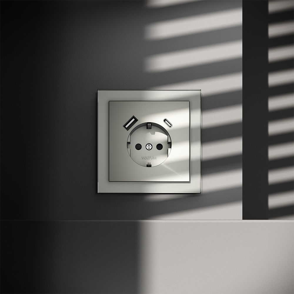 Розетка встраиваемая Voltum (Вольтум) S70 с заземлением и защитными шторками, 16А, с USB, A+С, (сталь) VLS040505