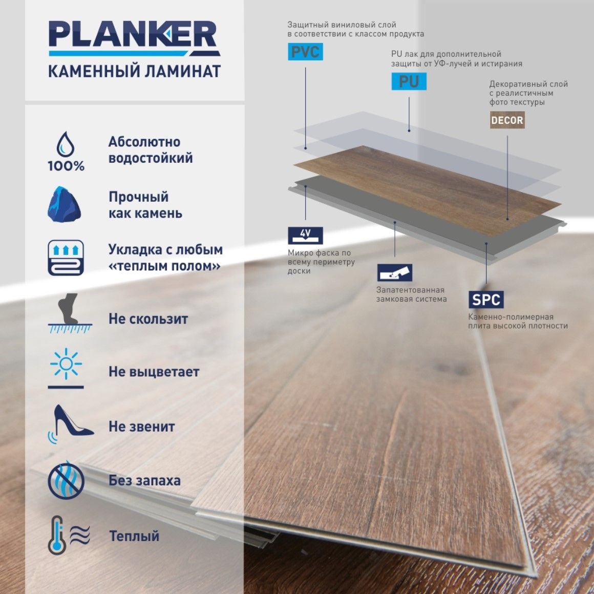 Виниловый SPC ламинат Planker (Планкер) Rockwood 4/33 Дуб Янтарный (Oak Amber) , 1003