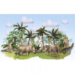 Обои виниловые на флизелине Design Studio 3D Животный Мир Животные на фоне гор в тропиках на голубом Шелк (NKID-021)