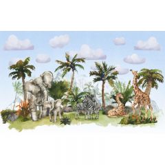 Обои виниловые на флизелине Design Studio 3D Животный Мир Семьи животных на фоне гор на голубом Лен (NKID-020)