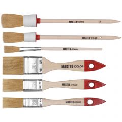 Набор из 6 кистей Master Color (Мастер Колор) с деревянными ручками: флейц, кисть 20 мм, 25 мм, 35 мм (55% топс); круглая кисть 20 мм, 25 мм, кисть художественная для подкраски 30-0510