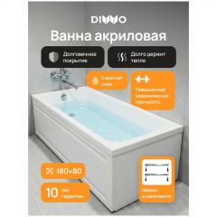 Акриловая ванна Диво Элиста 180x80 см, пристенная, белая, на ножках, Diwo