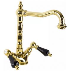 Смеситель на раковину Cezares (Цезарис) с донным клапаном, исполнение золото, ручки Swarovski Nero DIAMOND-LS2-03-Sw-N