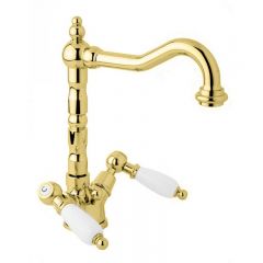 Смеситель для раковины Cezares (Цезарис) с донным клапаном, исполнение золото, ручки белые FIRST-LS2-03/24-Bi