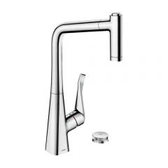 Смеситель для кухни Hansgrohe (Хансгрое) Metris Select M71 на 2 отверстия однорычажный 320 Eco с вытяжным душем 2jet sBox 73827000 хром
