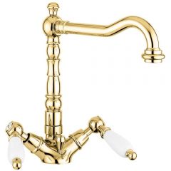 Смеситель для раковины Emmevi Deco Ceramic, двухрычажный (излив 19 см), с донным клапаном, цвет золото 121613/OR