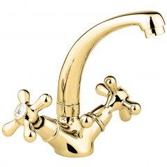 Смеситель для раковины Emmevi Deco Classic, двухвентильный (излив 13 см), с донным клапаном, цвет золото 12913/OR