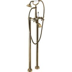 Смеситель для ванны Emmevi Deco Old, двухвентильный напольный (излив 12 см), с набором для душа (лейка и дивертер с белой ручкой), цвет бронза 1261128/BR