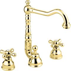 Смеситель для раковины Emmevi Deco Old, двухвентильный (излив 18,3 см), на 3 отверстия, с донным клапаном, цвет золото 12643/OR