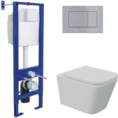 Комплект BERGES (Бергес): инсталляция Atom хром, унитаз FLOE S Rimless 51 см, сидение дюропласт Floe S Slim SO, микролифт, быстросъем 043369