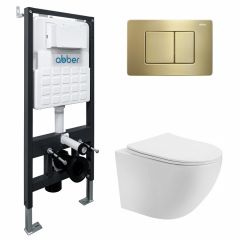 Комплект подвесной унитаз Abber (Аббер) Bequem AC1100T белый с инсталляцией AC0105 и кнопкой AC0120MMG золото матовое