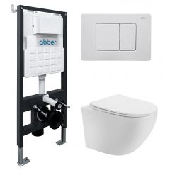 Комплект подвесной унитаз Abber (Аббер) Bequem AC1100T белый с инсталляцией AC0105 и кнопкой AC0120MW белая матовая