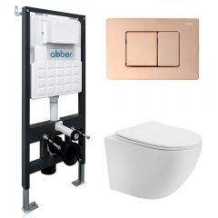 Комплект подвесной унитаз Abber (Аббер) Bequem AC1100T белый с инсталляцией AC0105 и кнопкой AC0120RG золото розовое