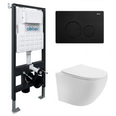 Комплект подвесной унитаз Abber (Аббер) Bequem AC1100T белый с инсталляцией AC0105 и кнопкой AC0121MB черный матовый