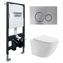 Комплект подвесной унитаз Abber (Аббер) Bequem AC1100T белый с инсталляцией AC0105 и кнопкой AC0121MCH хромматовый