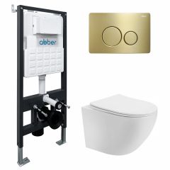 Комплект подвесной унитаз Abber (Аббер) Bequem AC1100T белый с инсталляцией AC0105 и кнопкой AC0121MMG золото матовое