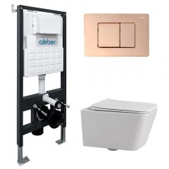Комплект подвесной унитаз Abber (Аббер) Rechteck AC1201 белый с инсталляцией AC0105 и кнопкой AC0120RG золото розовое