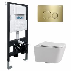 Комплект подвесной унитаз Abber (Аббер) Rechteck AC1201 белый с инсталляцией AC0105 и кнопкой AC0121MMG золото матовое