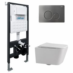Комплект подвесной унитаз Abber (Аббер) Rechteck AC1201 белый с инсталляцией AC0105 и кнопкой AC0121NG никель