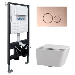 Комплект подвесной унитаз Abber (Аббер) Rechteck AC1201 белый с инсталляцией AC0105 и кнопкой AC0121RG золото розовое