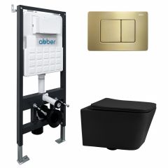 Комплект подвесной унитаз Abber (Аббер) Rechteck AC1201MB черный матовый с инсталляцией AC0105 и кнопкой AC0120MMG золото матовое