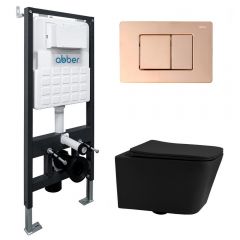 Комплект подвесной унитаз Abber (Аббер) Rechteck AC1201MB черный матовый с инсталляцией AC0105 и кнопкой AC0120RG золото розовое