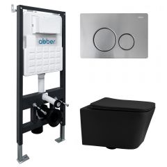 Комплект подвесной унитаз Abber (Аббер) Rechteck AC1201MB черный матовый с инсталляцией AC0105 и кнопкой AC0121MCH хромматовый
