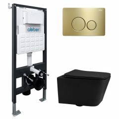 Комплект подвесной унитаз Abber (Аббер) Rechteck AC1201MB черный матовый с инсталляцией AC0105 и кнопкой AC0121MMG золото матовое