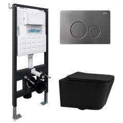 Комплект подвесной унитаз Abber (Аббер) Rechteck AC1201MB черный матовый с инсталляцией AC0105 и кнопкой AC0121NG никель